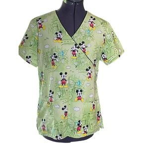 Disney Mickey Graphics Size Small Medical Scrub Top Pale Green Elastic Back